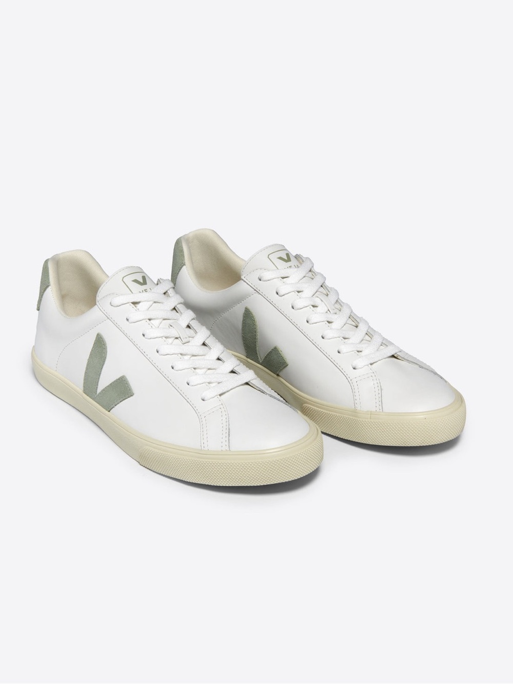 Esplar Veja Low-Top Leather Sneakers in White with Sage Accent V